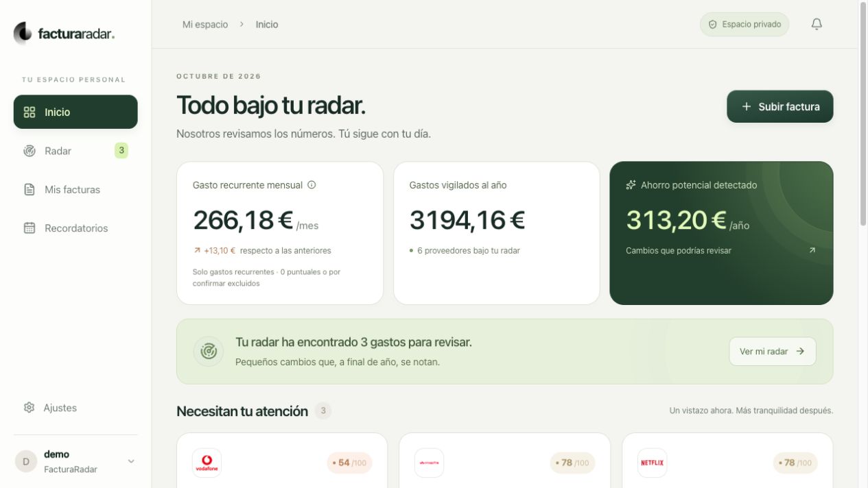 Inicio de la cuenta demo real: seis proveedores, 266,18 euros mensuales y tres gastos para revisar.
