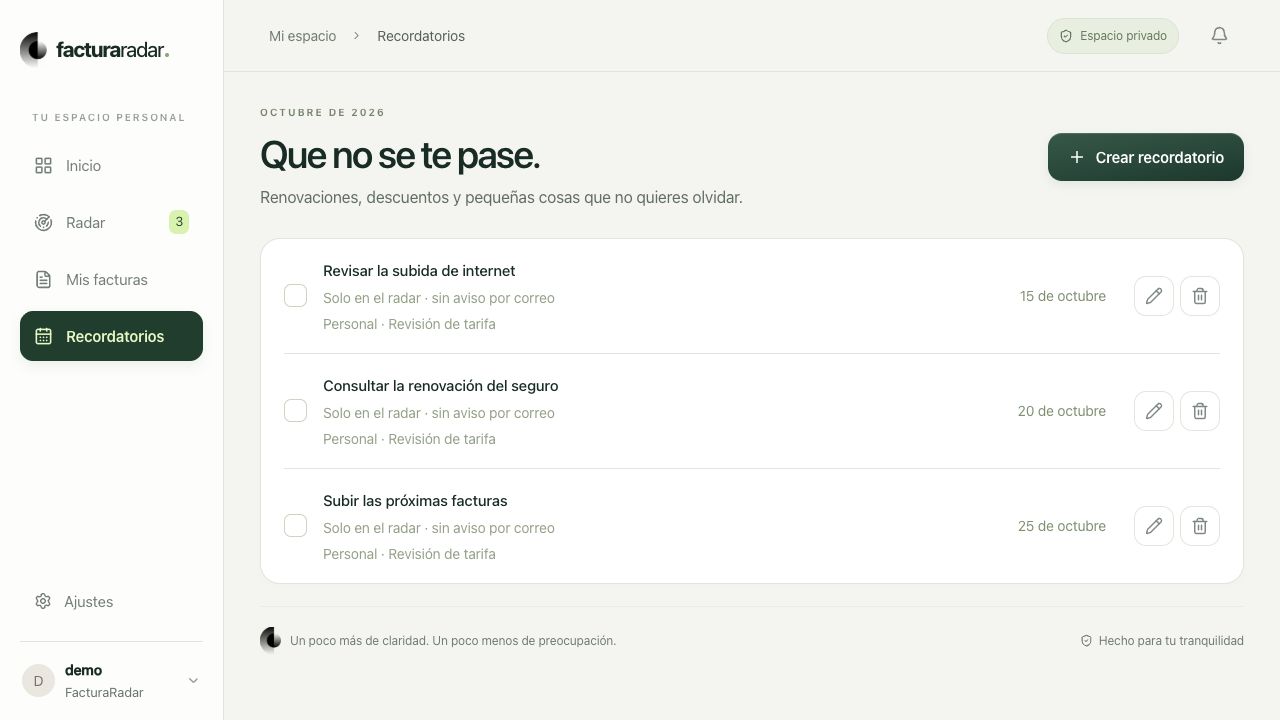 Recordatorios de la cuenta demo: revisar internet, consultar renovación del seguro y subir próximas facturas.
