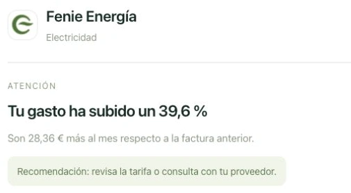 Alerta del Radar con el logo real de Fenie Energía, la subida detectada y la recomendación de revisar la tarifa